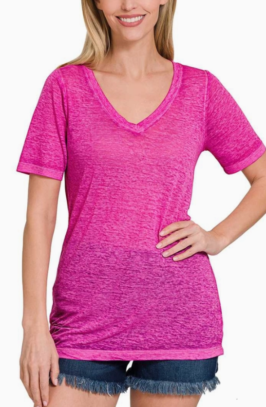 Melange Burnout Short Sleeve V-Neck Top